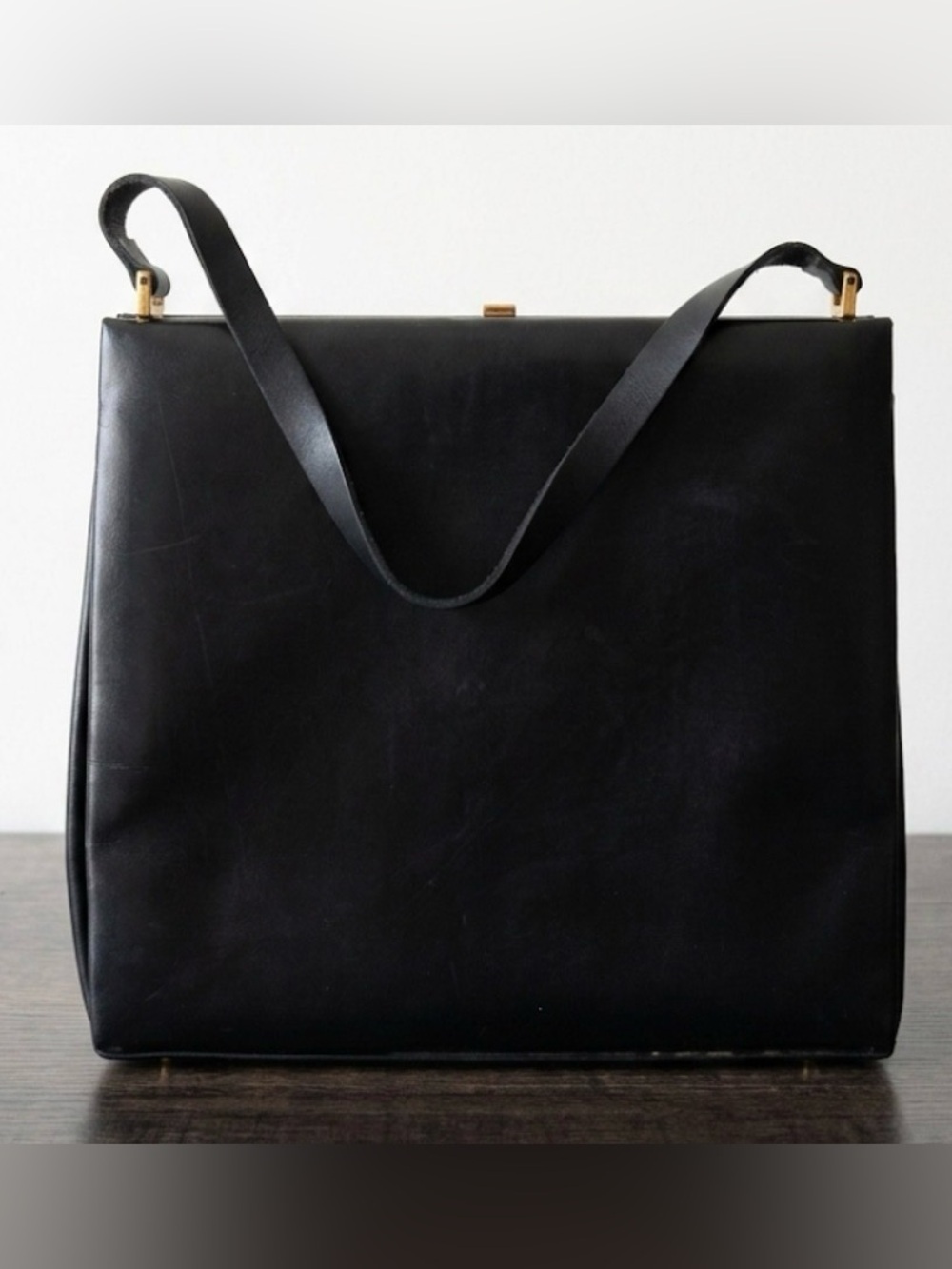 Vintage Fassbender Black Leather Handbag England 1950s Suede Interior Classic